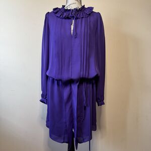 BCBGMAXAZRIA Purple 100% Silk Ruffle Neck Pleated Mini Dress Medium Tie Waist M